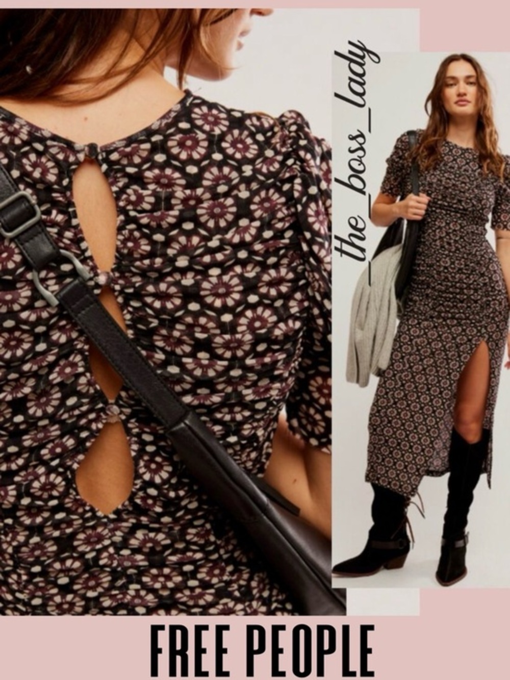 Free People floral dress midi mesh stretchy ruched boho Medium